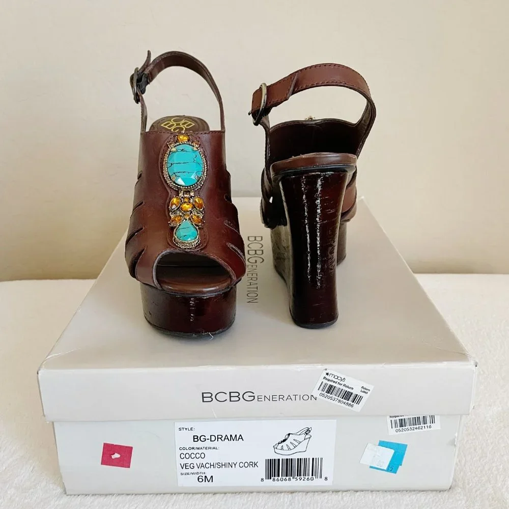 New BCBGeneration Sandals Drama Brown Turquoise Bead Stone Platform Wedge Sz 6 - Picture 4 of 13